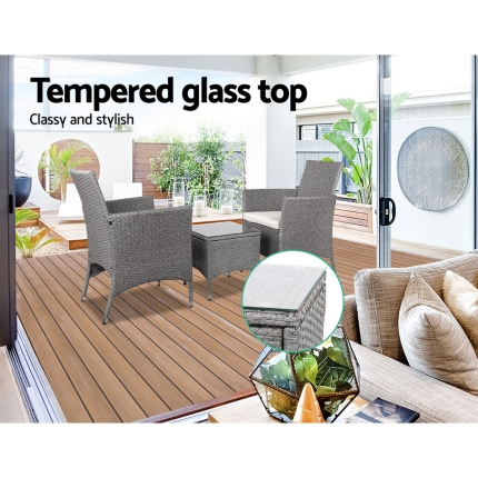 3 Piece Wicker Outdoor Chair Side Table Furniture Set - Grey - Image 6