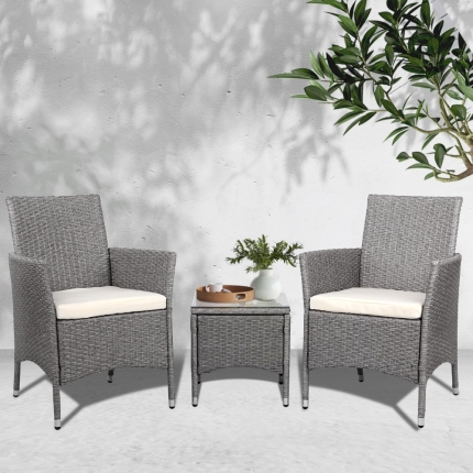 3 Piece Wicker Outdoor Chair Side Table Furniture Set - Grey - Image 7