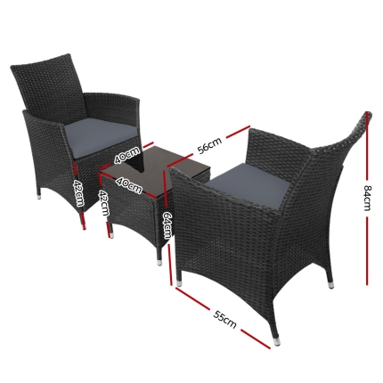 Gardeon 3pc Rattan Bistro Wicker Outdoor Furniture Set Black - Image 2