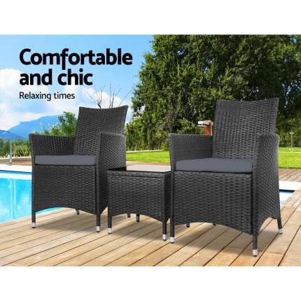 Gardeon 3pc Rattan Bistro Wicker Outdoor Furniture Set Black - Image 3
