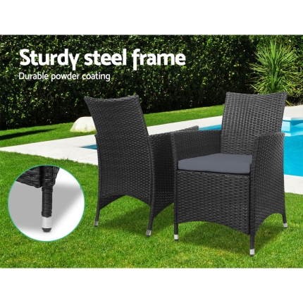 Gardeon 3pc Rattan Bistro Wicker Outdoor Furniture Set Black - Image 4