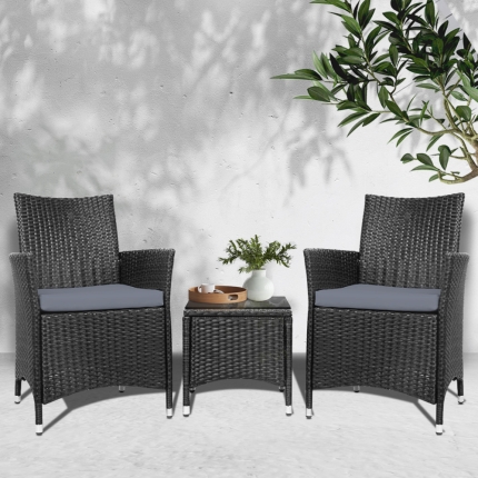 Gardeon 3pc Rattan Bistro Wicker Outdoor Furniture Set Black - Image 7