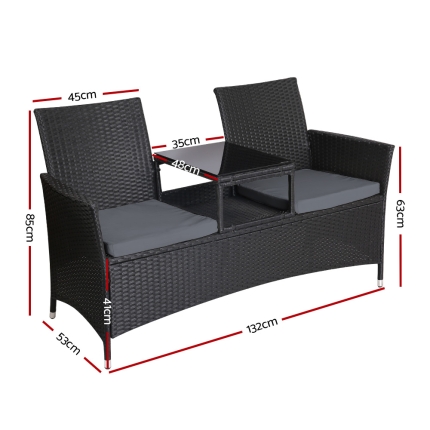 Gardeon Outdoor Furniture Chair Bench Sofa Table 2 Seat Cushions Wicker Black - Image 2