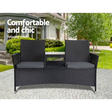 Gardeon Outdoor Furniture Chair Bench Sofa Table 2 Seat Cushions Wicker Black - Image 4