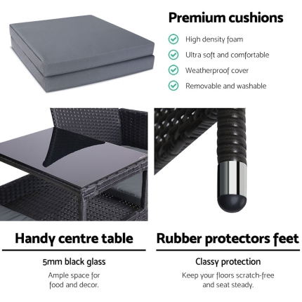 Gardeon Outdoor Furniture Chair Bench Sofa Table 2 Seat Cushions Wicker Black - Image 6