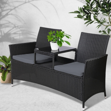 Gardeon Outdoor Furniture Chair Bench Sofa Table 2 Seat Cushions Wicker Black - Image 7
