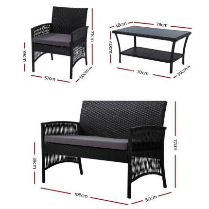 Gardeon Outdoor Furniture Rattan Set Wicker Cushion 4pc Black - Image 2