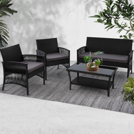 Gardeon Outdoor Furniture Rattan Set Wicker Cushion 4pc Black - Image 7