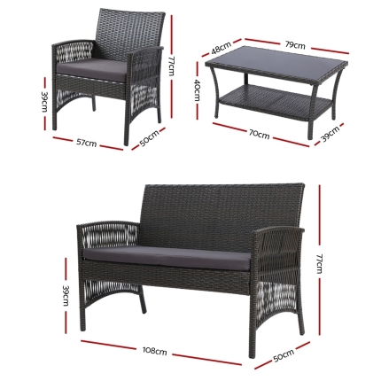 Gardeon Outdoor Furniture Rattan Set Wicker Cushion 4pc Dark Grey - Image 2