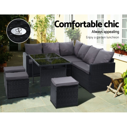 Gardeon Outdoor Furniture Dining Setting Sofa Set Lounge Wicker 9 Seater Black - Image 3