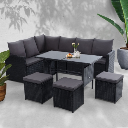 Gardeon Outdoor Furniture Dining Setting Sofa Set Lounge Wicker 9 Seater Black - Image 7