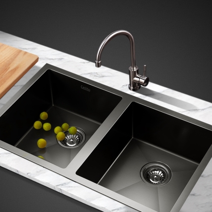 Cefito Stainless Steel Kitchen Sink 770X450MM Under/Topmount Laundry Double Bowl Black - Image 7
