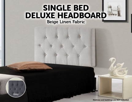Linen Fabric Single Bed Deluxe Headboard Bedhead - Beige - Image 2