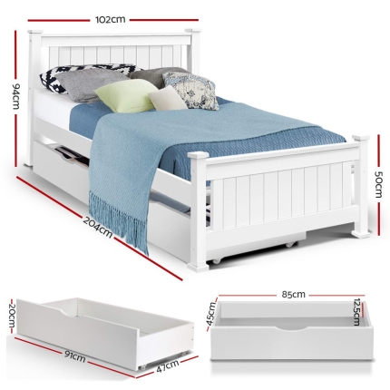 Artiss Wooden Bed Frame Timber Single Size RIO Kids Adults Storage Drawers Base - Image 2