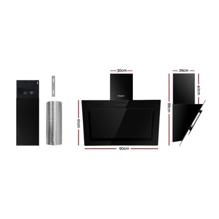 DEVANTI Rangehood 900mm Black Angled Side Draft Range Hood Canopy Glass 90cm - Image 2