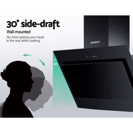 DEVANTI Rangehood 900mm Black Angled Side Draft Range Hood Canopy Glass 90cm - Image 6