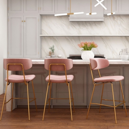 Kylie Modern Blush Velvet Barstool with Gold Legs Set of 2 - Image 7