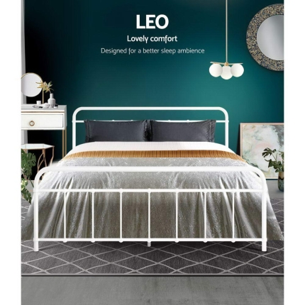 Metal Bed Frame Queen Size Platform Foundation Mattress Base Leo White - Image 3