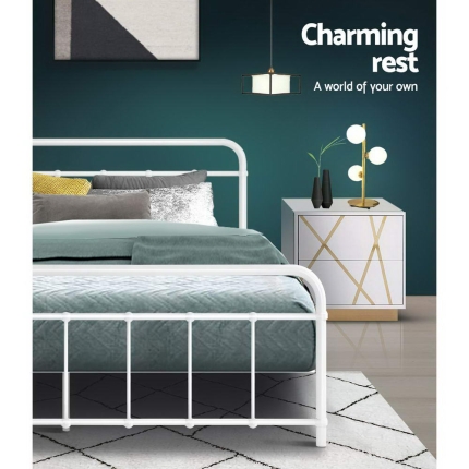 Metal Bed Frame Queen Size Platform Foundation Mattress Base Leo White - Image 5