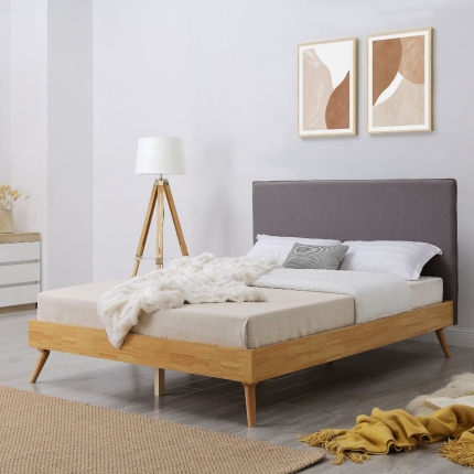 Natural Oak Ensemble Bed Frame Wooden Slat Fabric Headboard Queen - Image 3