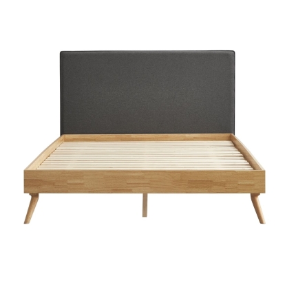 Natural Oak Ensemble Bed Frame Wooden Slat Fabric Headboard Queen - Image 5