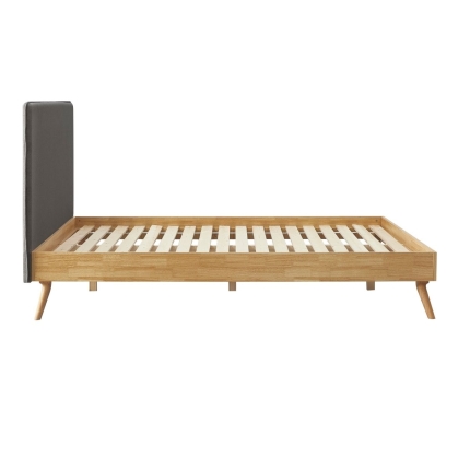 Natural Oak Ensemble Bed Frame Wooden Slat Fabric Headboard Queen - Image 6