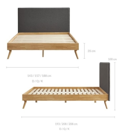 Natural Oak Ensemble Bed Frame Wooden Slat Fabric Headboard Queen - Image 7