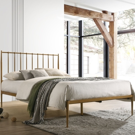 Metal Bed Frame Base Platform in Gold Double Mid Century Timber Slat - Image 2