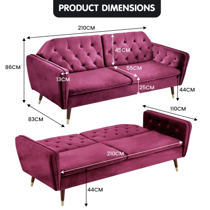 Sarantino Faux Velvet Tufted Sofa Bed Couch Futon - Burgundy - Image 9