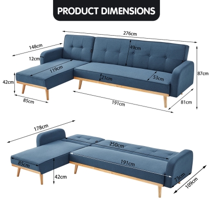 Sarantino 3-Seater Corner Sofa Bed with Chaise Lounge - Blue - Image 9