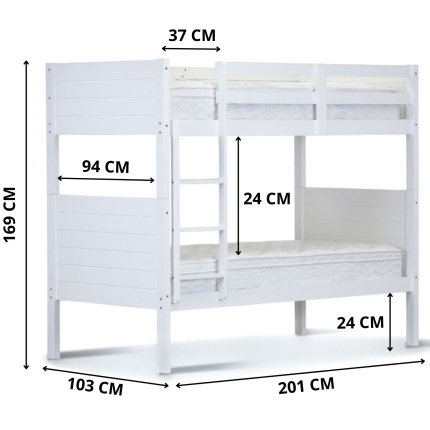 Zinnia Single Bunk Bed Frame Solid Rubber Timber Wood Loft Furniture - White - Image 3