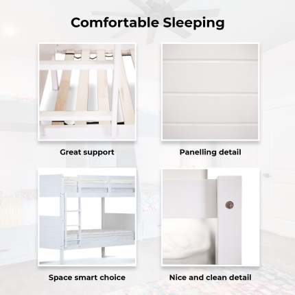 Zinnia Single Bunk Bed Frame Solid Rubber Timber Wood Loft Furniture - White - Image 6